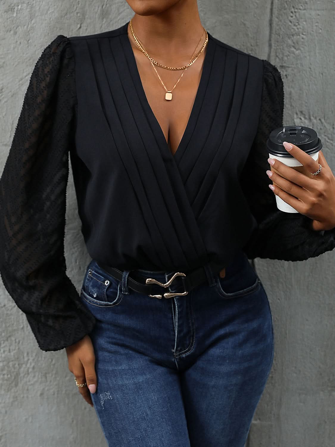Perfee Ruched Surplice Long Sleeve Bodysuit Black