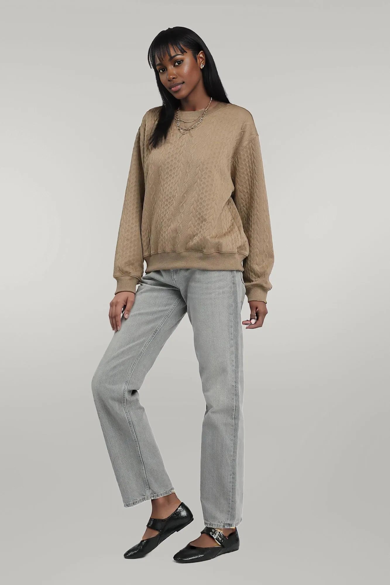 Umgee Cable Texture Pattern Sweatshirt with Ribbed Hem