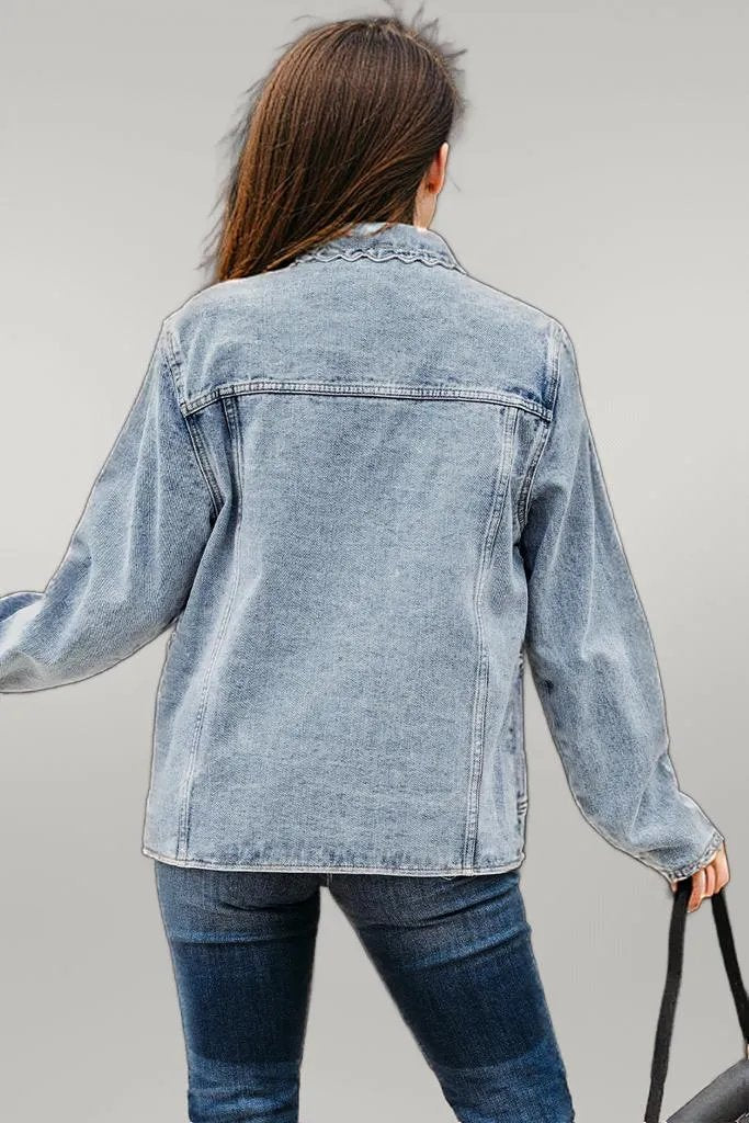Sail Blue Scallop Trim Collar Patched Pocket Button Up Denim Jacket Myosotis 75%Cotton+25%Polyester