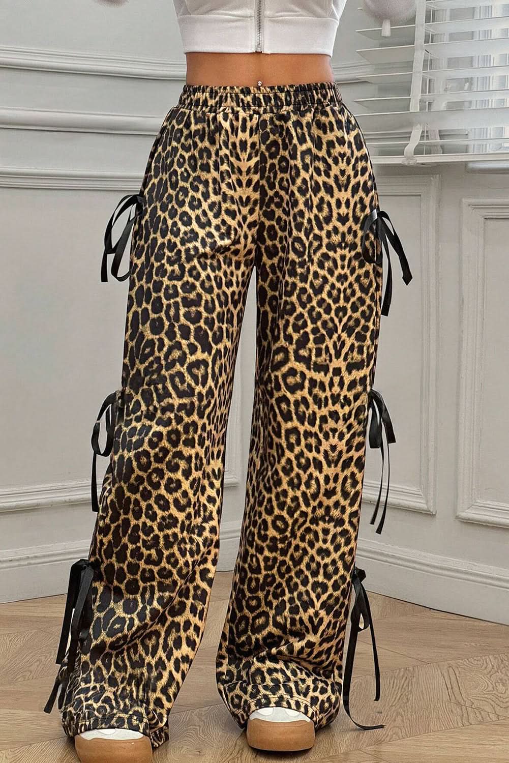 Brown Leopard Print Bow Tie Drawstring Elastic Waist Loose High Waist Pants Brown 95%Polyester+5%Elastane