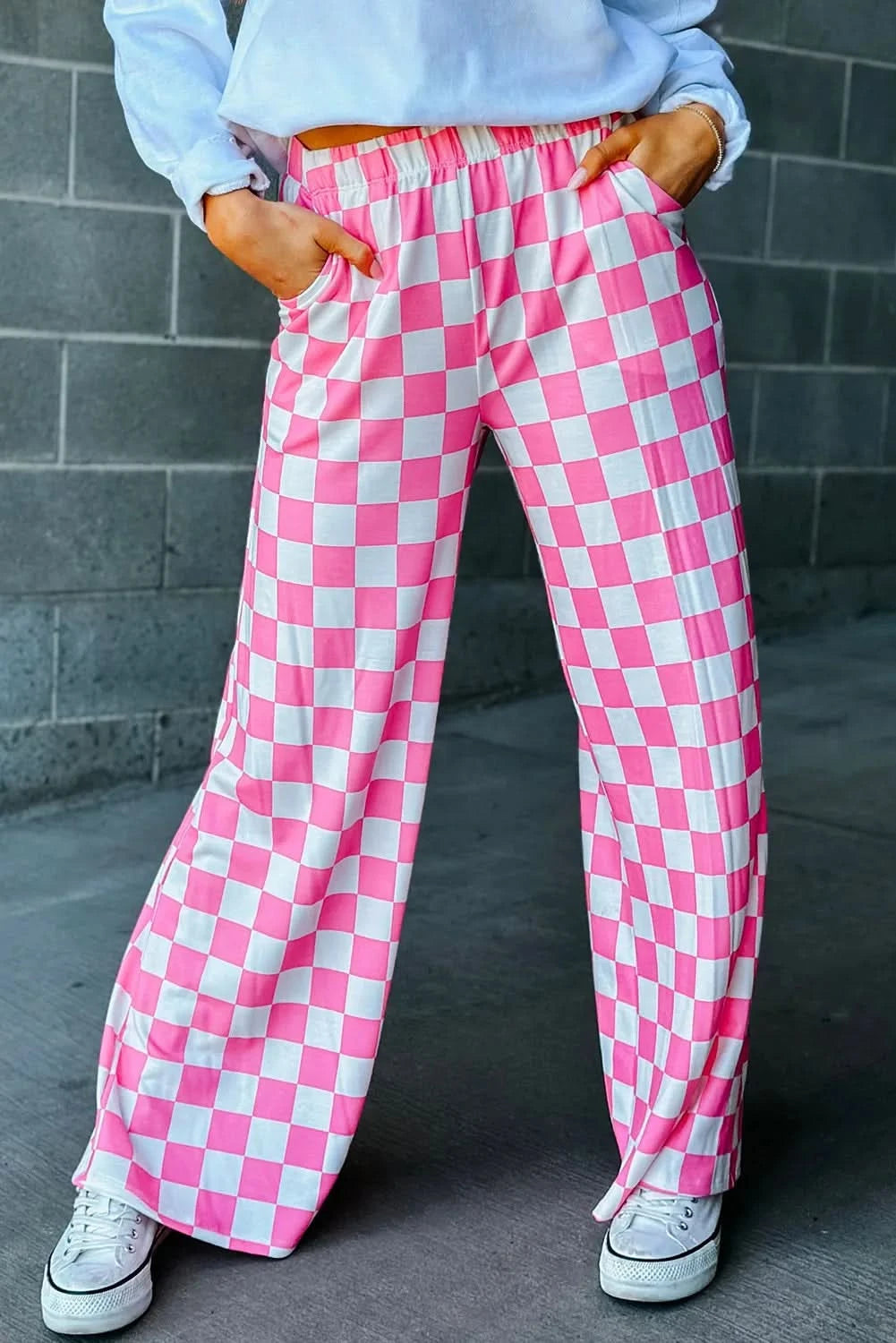 Checkered Wide Leg Pants Fuchsia Pink