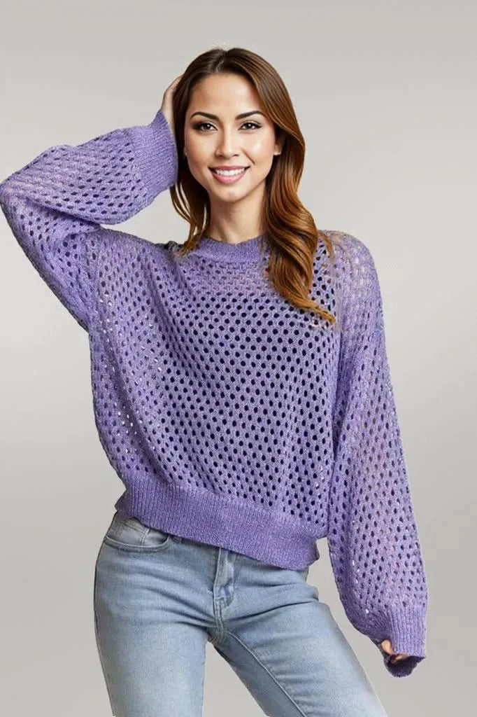 ADORA Round Neck Lurex Crochet Top PURPLE