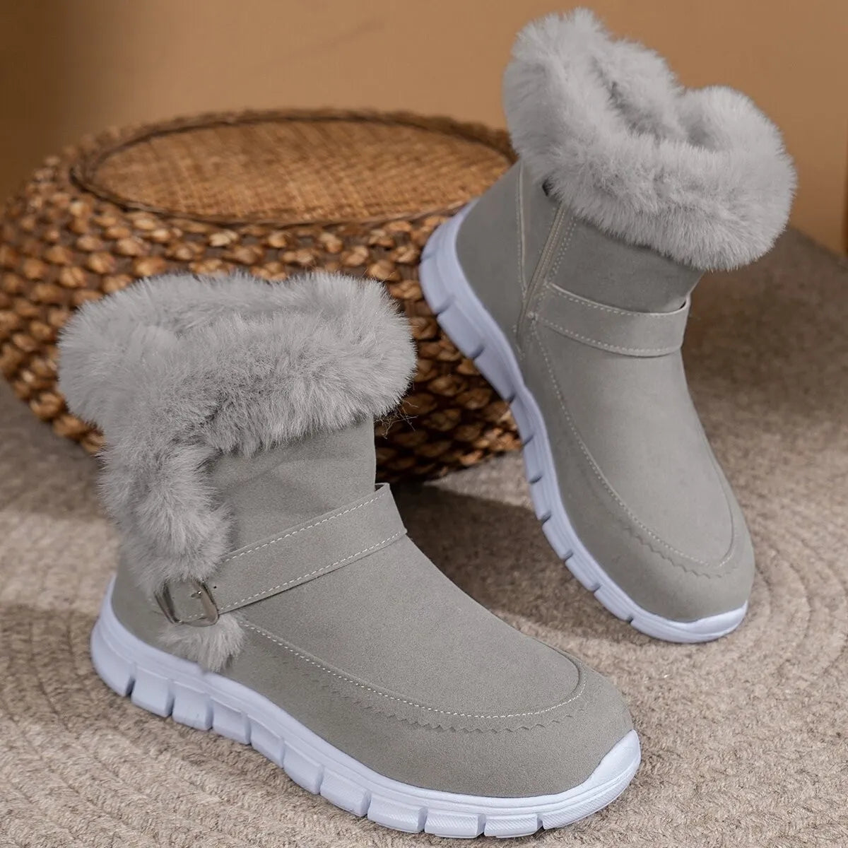 Round Toe Platform Buckle Boots Gray