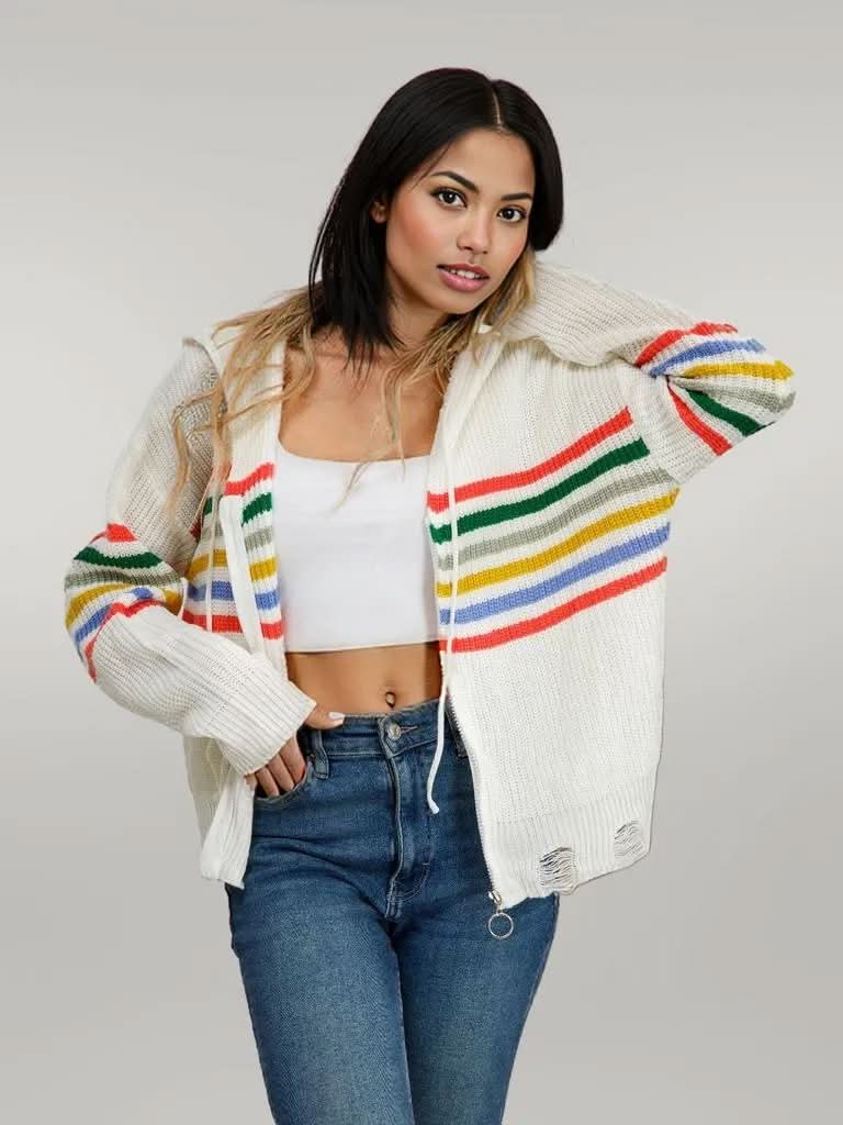 Drawstring Striped Dropped Shoulder Hooded Cardigan