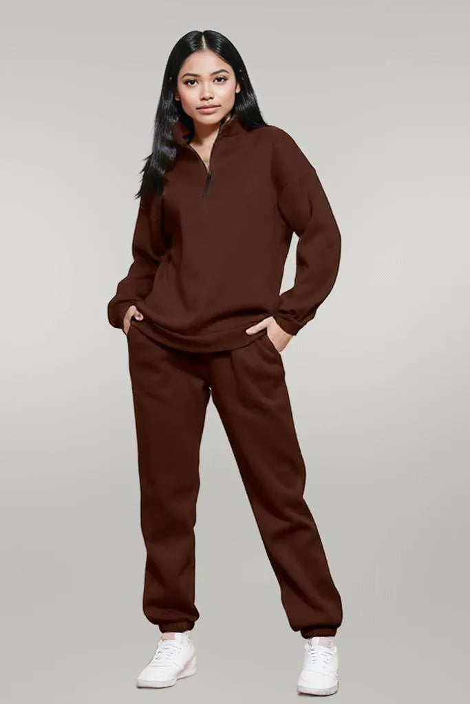 Half Zip Long Sleeve Sweatshirt and Pants Set Chocolate