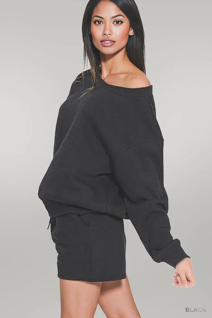 Zenana Fleece Boat Neck Sweatshirt and Shorts Set