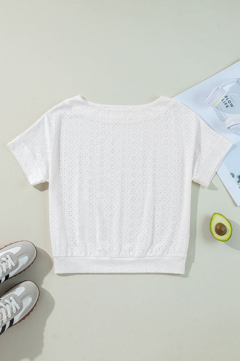 White Eyelet Pattern Boat Neck Casual Tee White 97%Polyester+3%Elastane