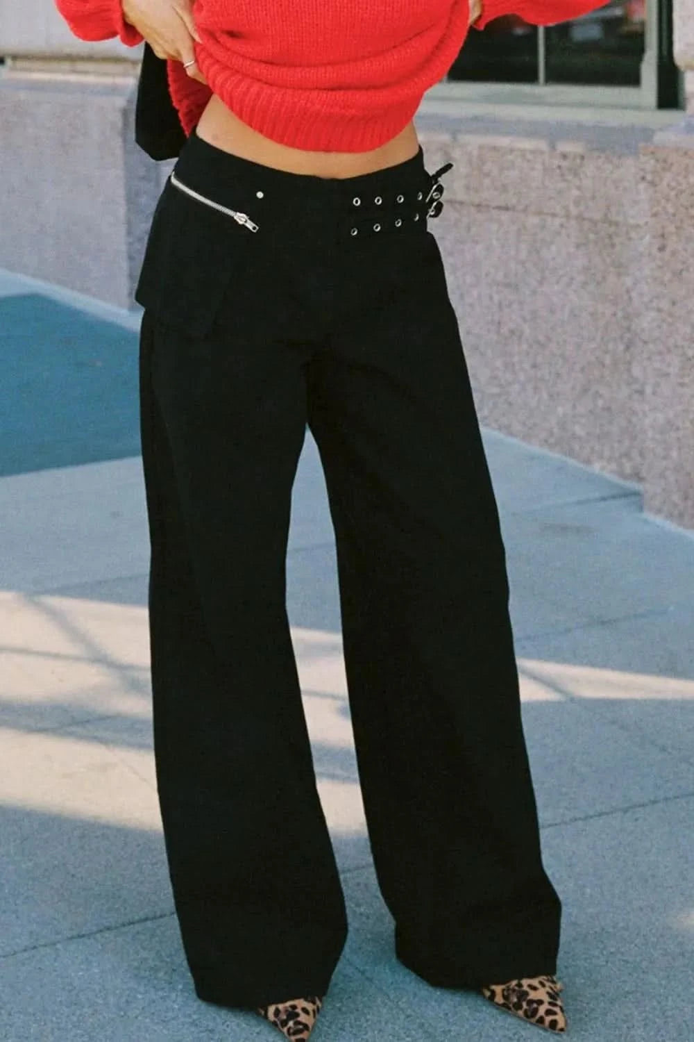 Wide Leg Jeans with Pockets Black