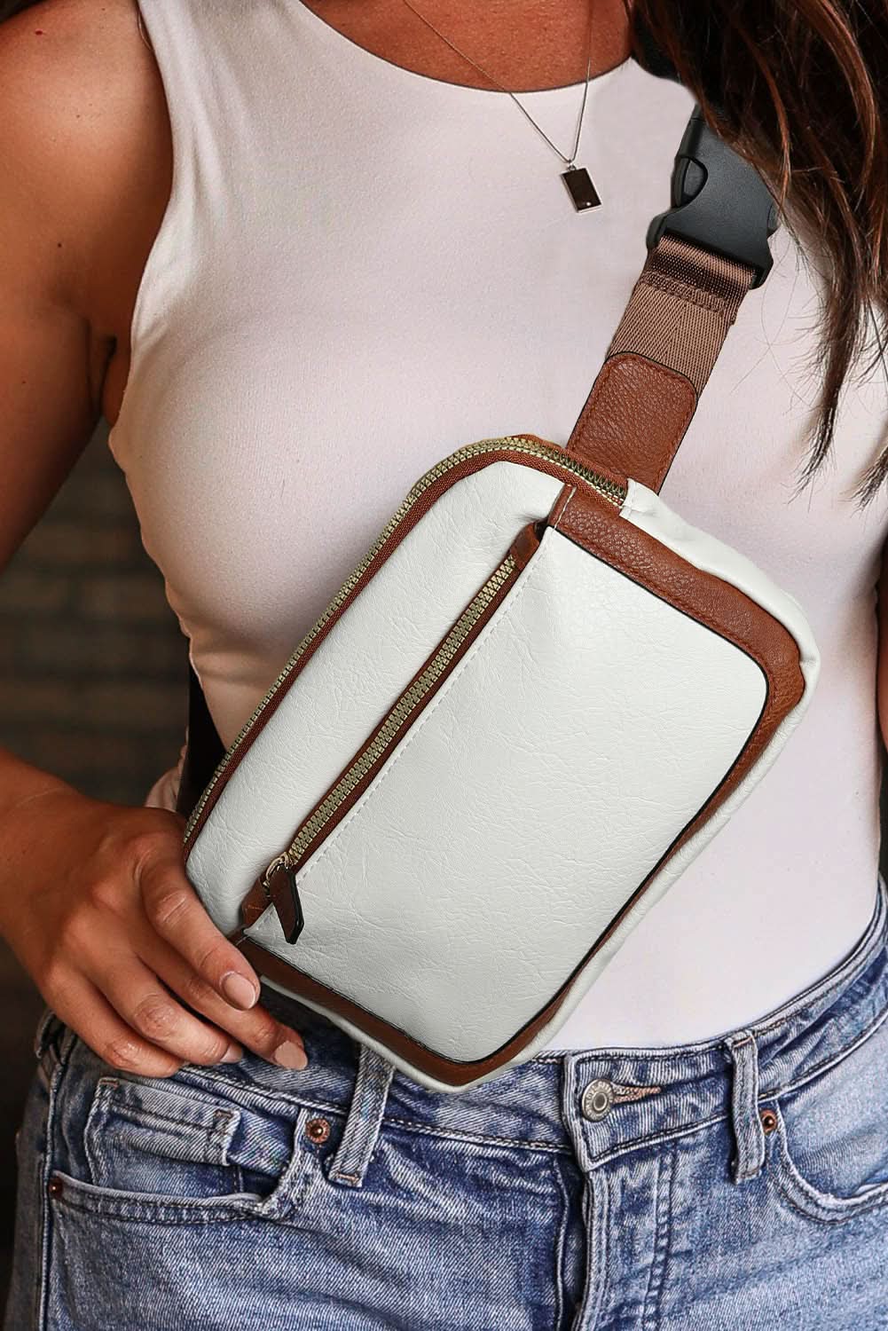 Black Adjustable Strap Mini PU Leather Crossbody Bag White ONE SIZE 100%PU
