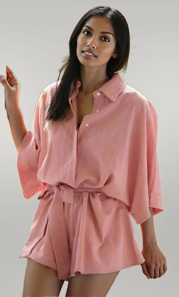 Collared Neck Half Sleeve Romper Dusty Pink