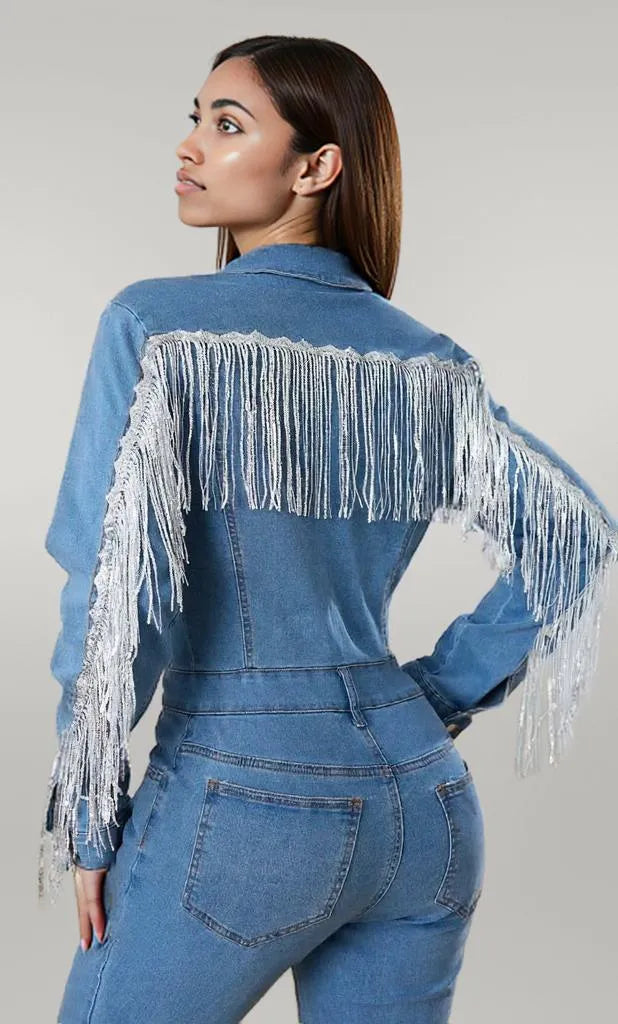 Fringe Half Button Long Sleeve Denim Jumpsuit
