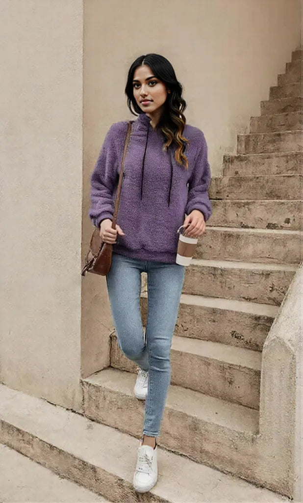 Drawstring Long Sleeve Fuzzy Hoodie