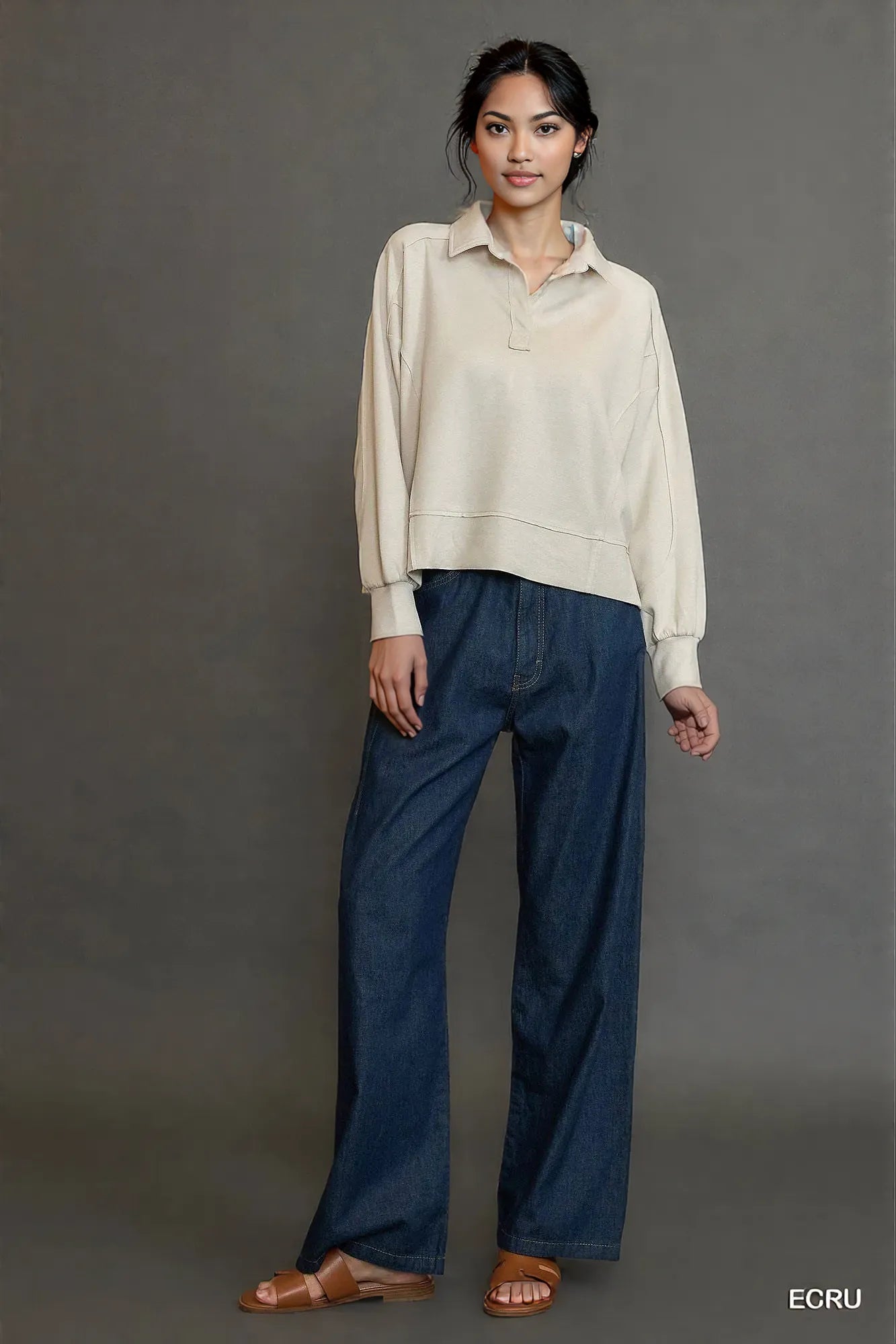 Umgee Collared Neck Long Sleeve Top with Raw Hem Detail