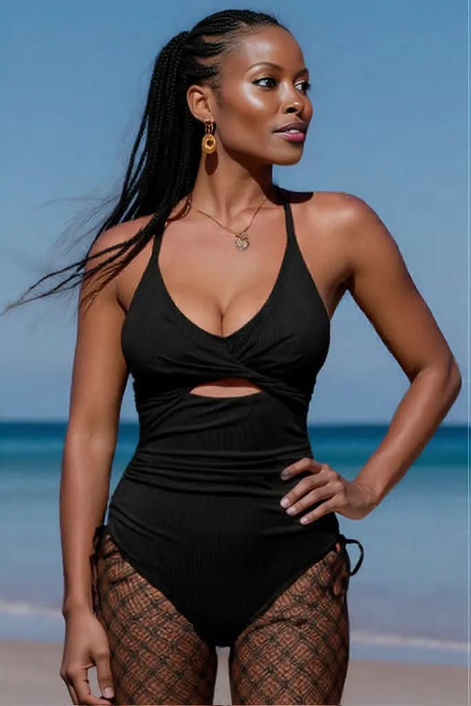 Cutout V-Neck Spaghetti Strap One-Piece Swimwear Black
