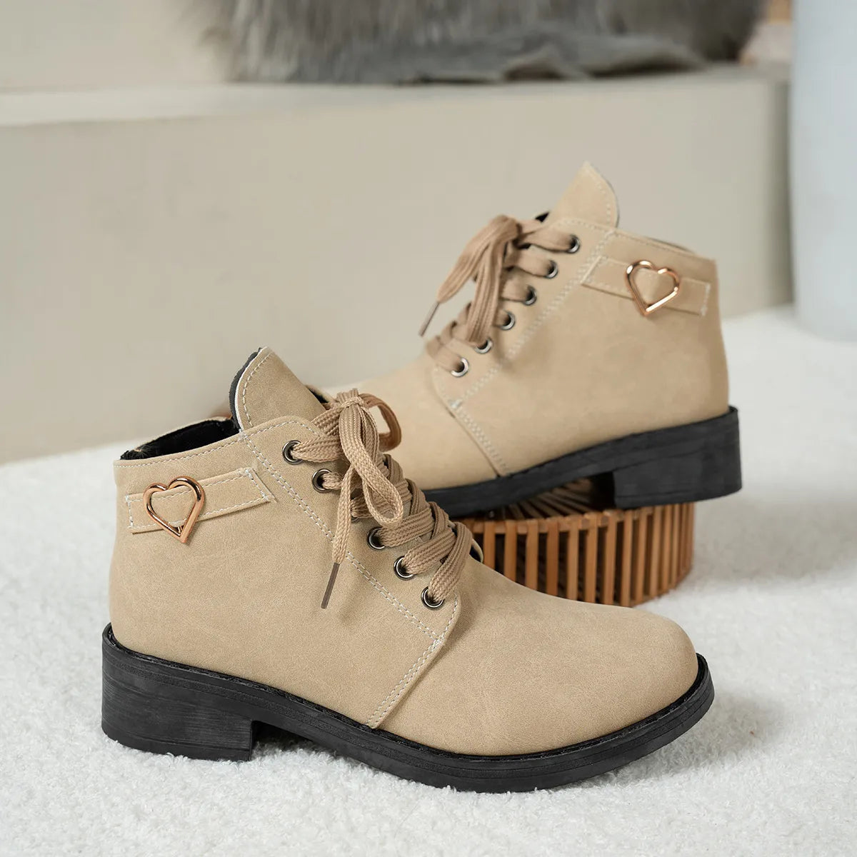 Lace-Up Ankle Boots with Heart Charm Detail
