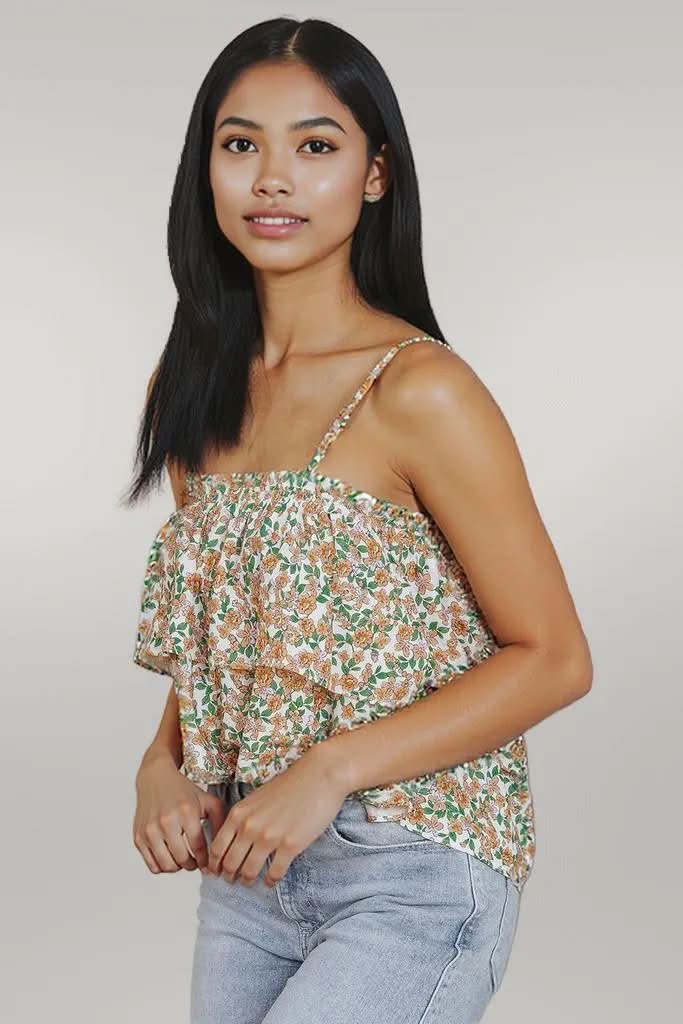 White Boho Floral Spaghetti Strap Ruffle Summer Tank Top