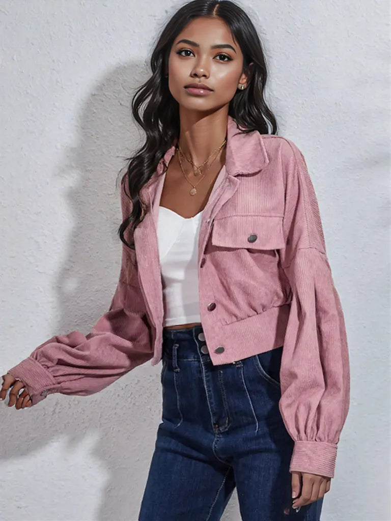 Button Down Collared Neck Cropped Jacket