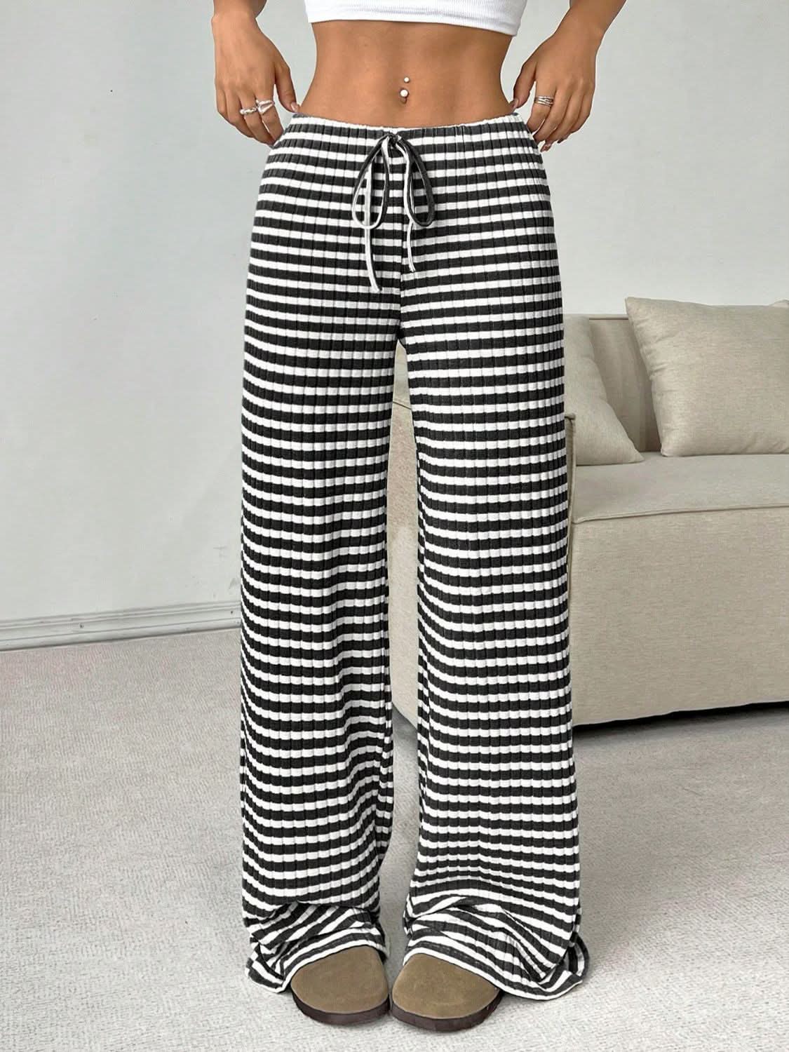 Tied Striped Wide Leg Pants Black