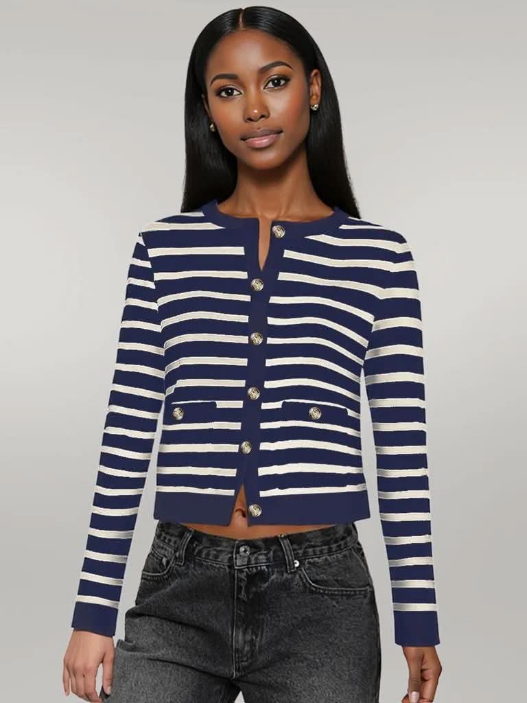 Striped Round Neck Button Up Long Sleeve Cardigan Navy