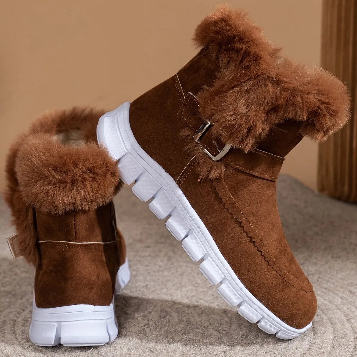 Round Toe Platform Buckle Boots Dark Brown