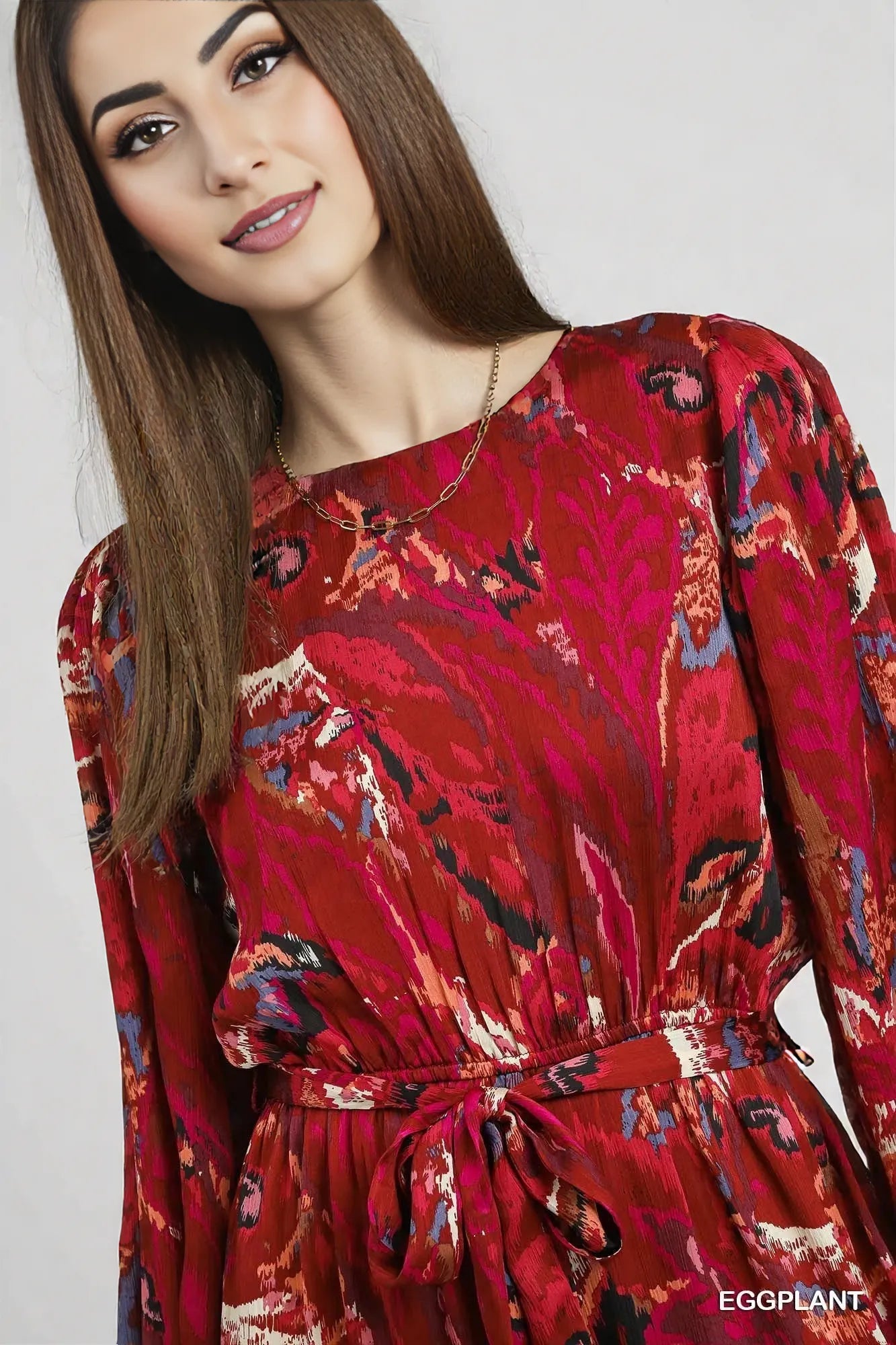 Umgee Ruffled Hem Printed Balloon Sleeve Dress EGGPLANT
