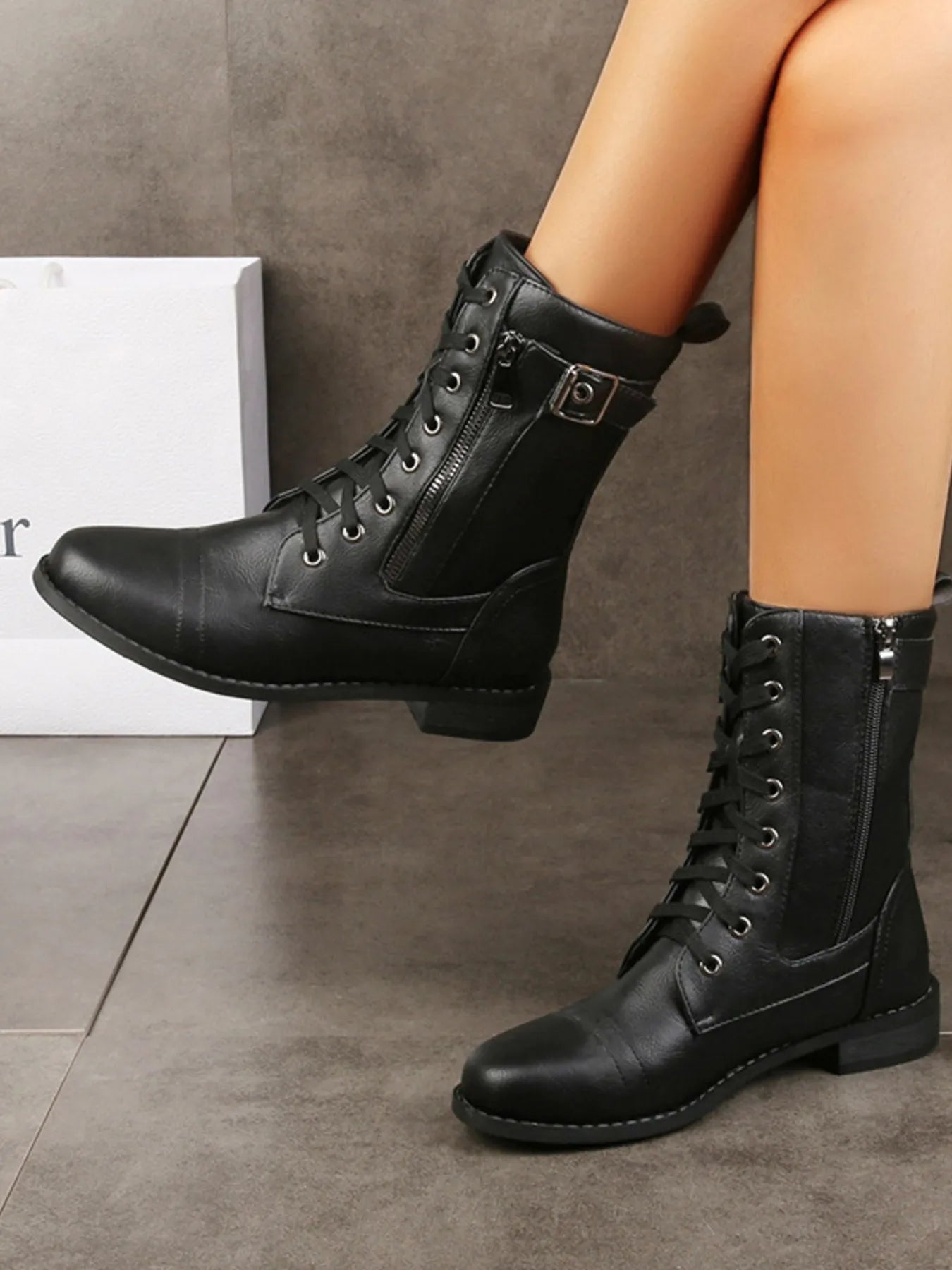 Lace-Up Buckle Detail Boots Black