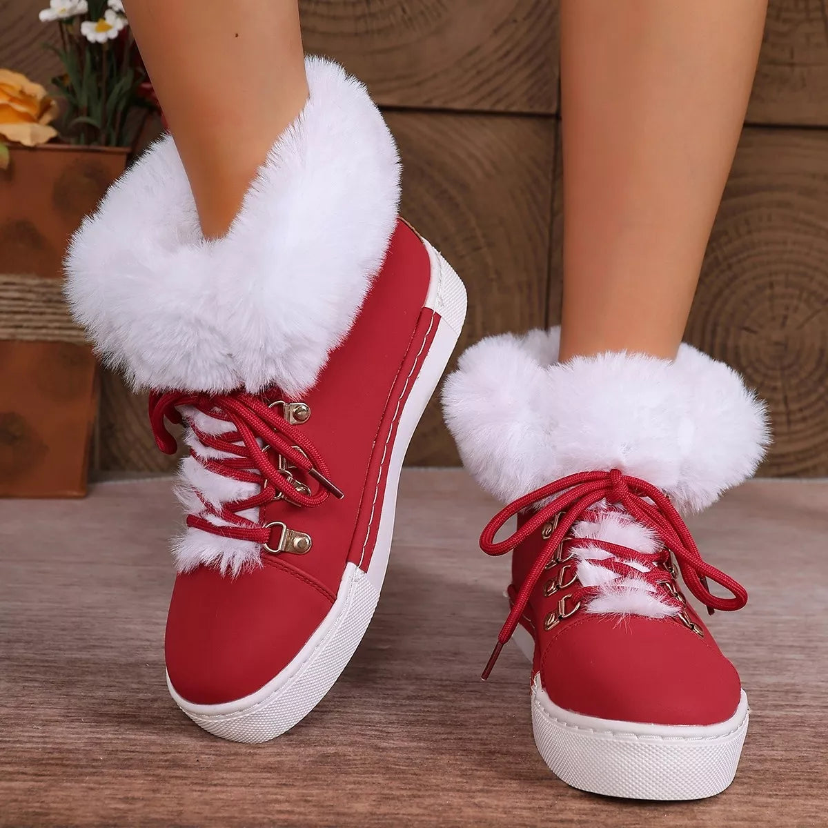 Round Toe Platform Boots Red