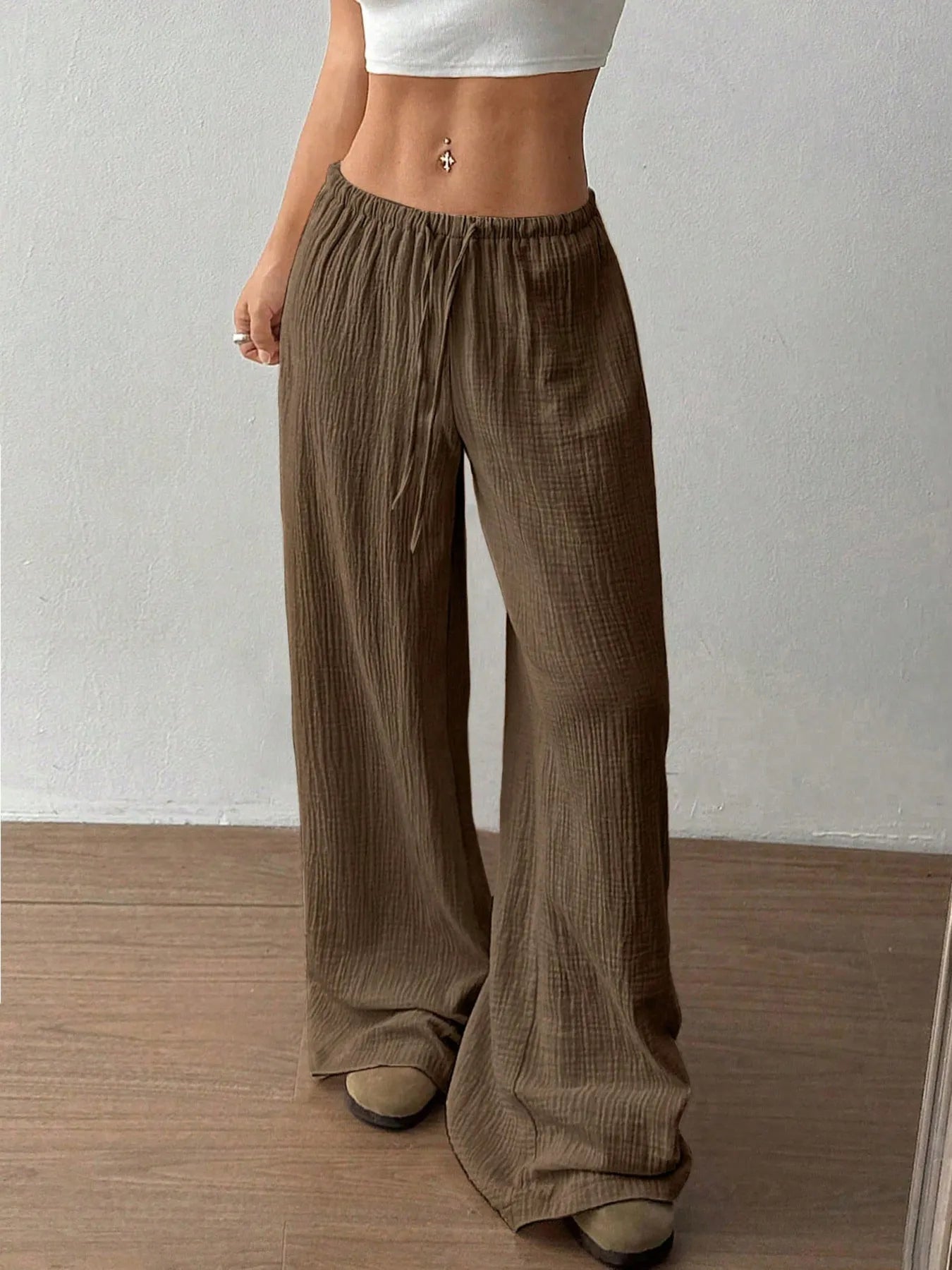 Drawstring Wide-Leg Casual Pants Khaki Color