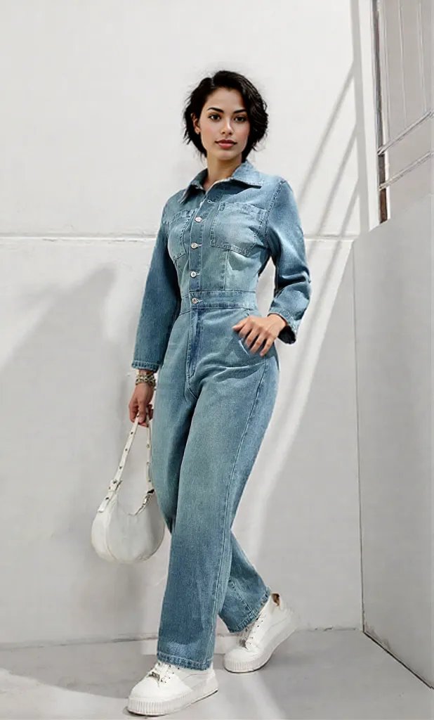 Half Button Long Sleeve Straight Leg Denim Jumpsuit
