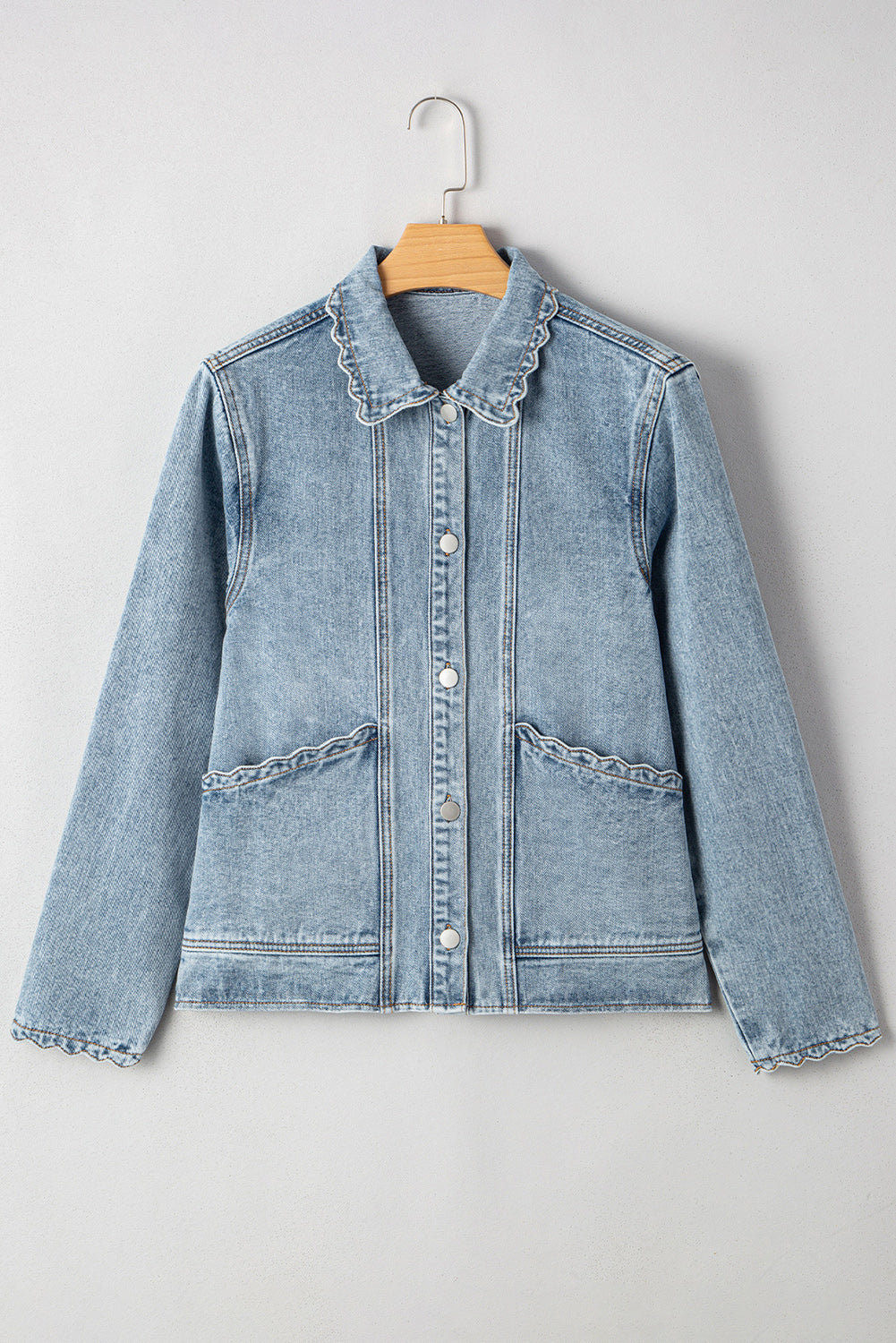 Sail Blue Scallop Trim Collar Patched Pocket Button Up Denim Jacket Myosotis 75%Cotton+25%Polyester