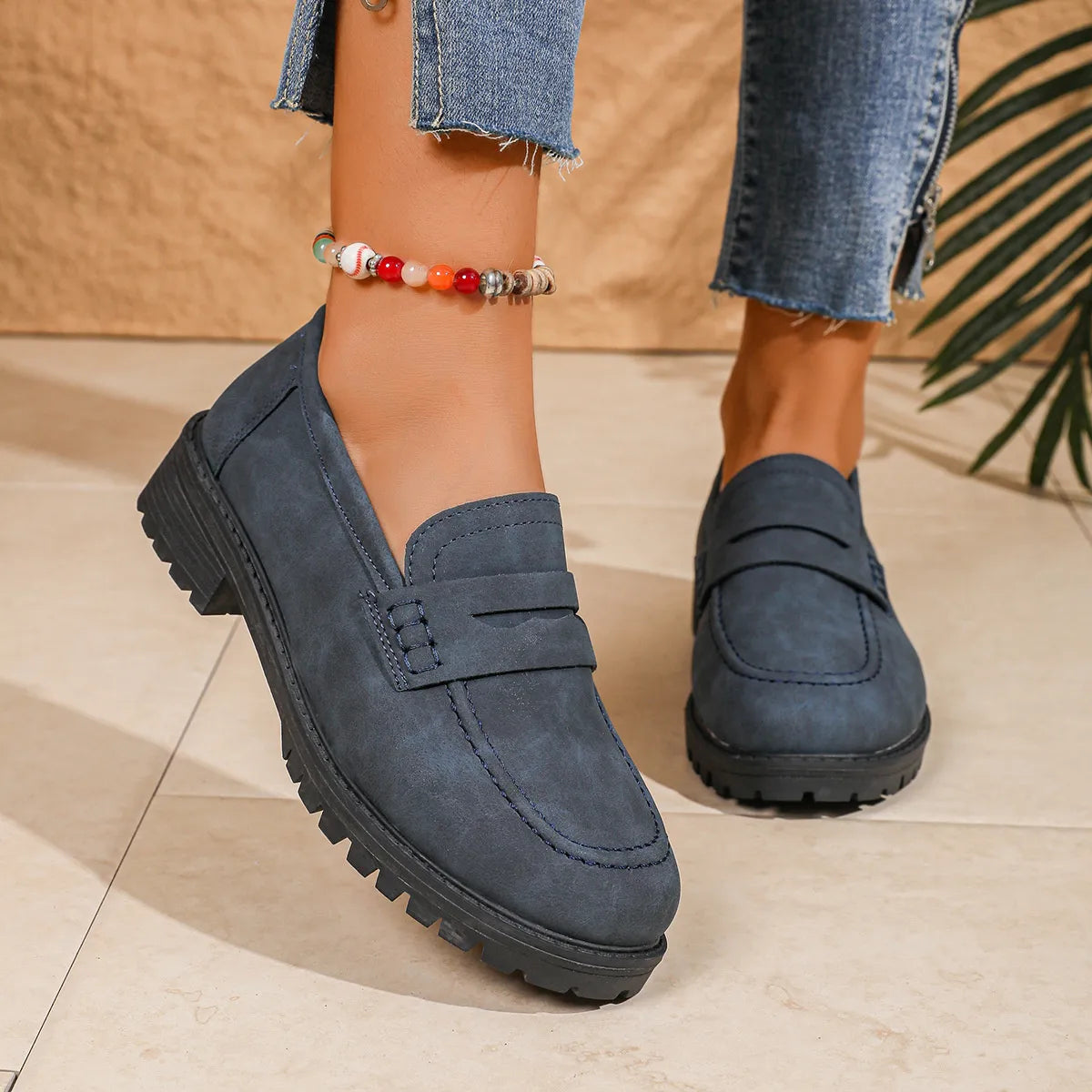 Round Toe Block Heels Loafers Blue
