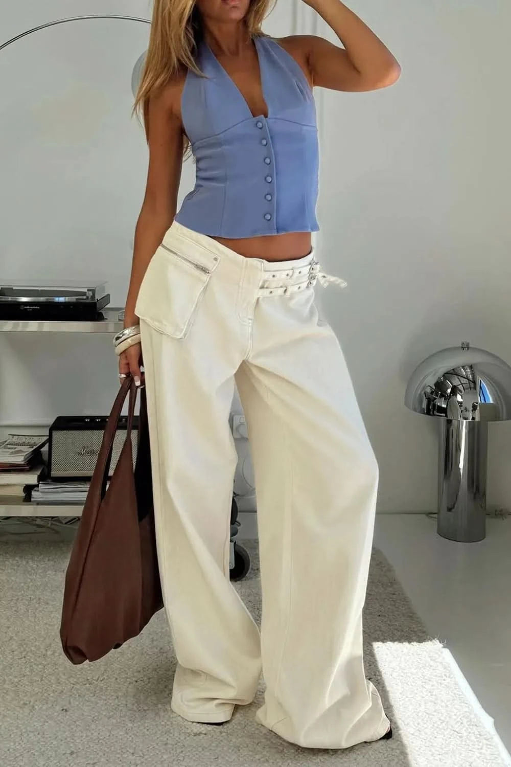 Wide Leg Jeans with Pockets Cream