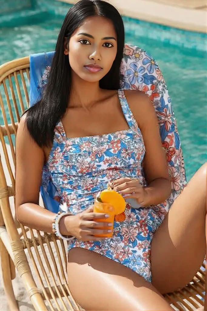 Printed Square Neck Wide Strap One-Piece Swimwear Sky Blue