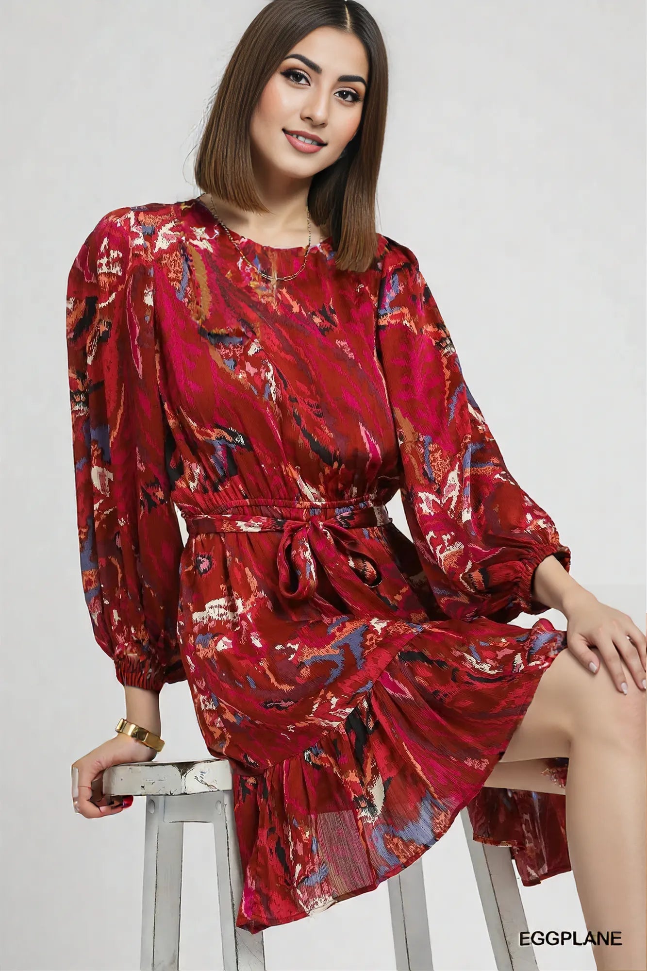 Umgee Ruffled Hem Printed Balloon Sleeve Dress EGGPLANT