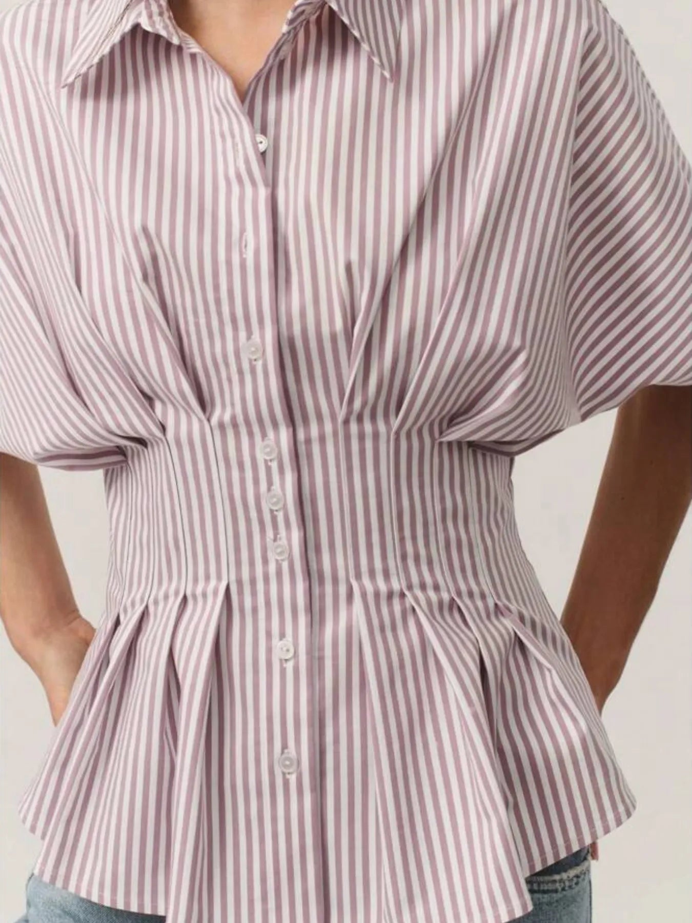 Striped Short Sleeve Button-Up Shirt Blush Pink