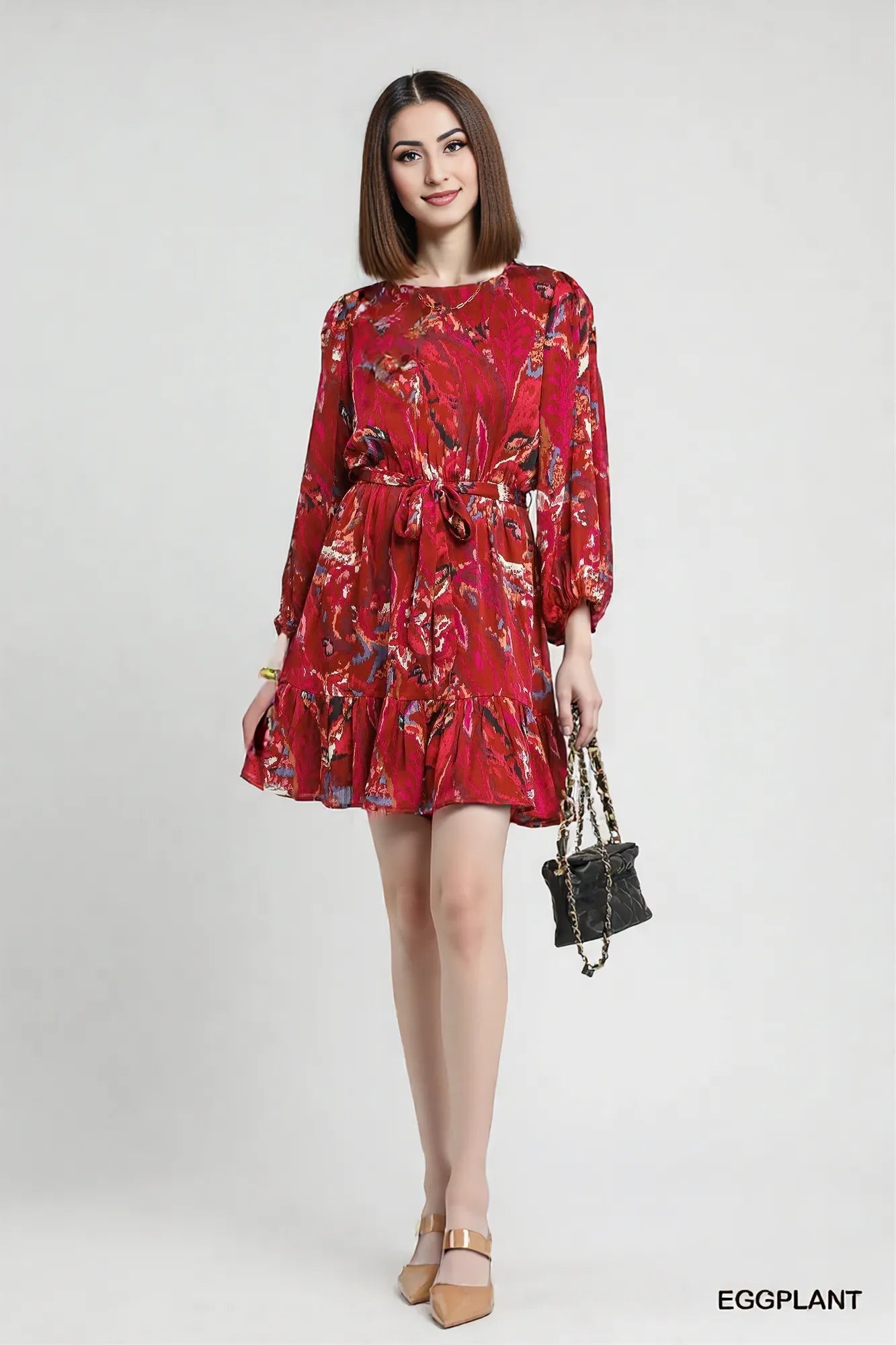 Umgee Ruffled Hem Printed Balloon Sleeve Dress EGGPLANT