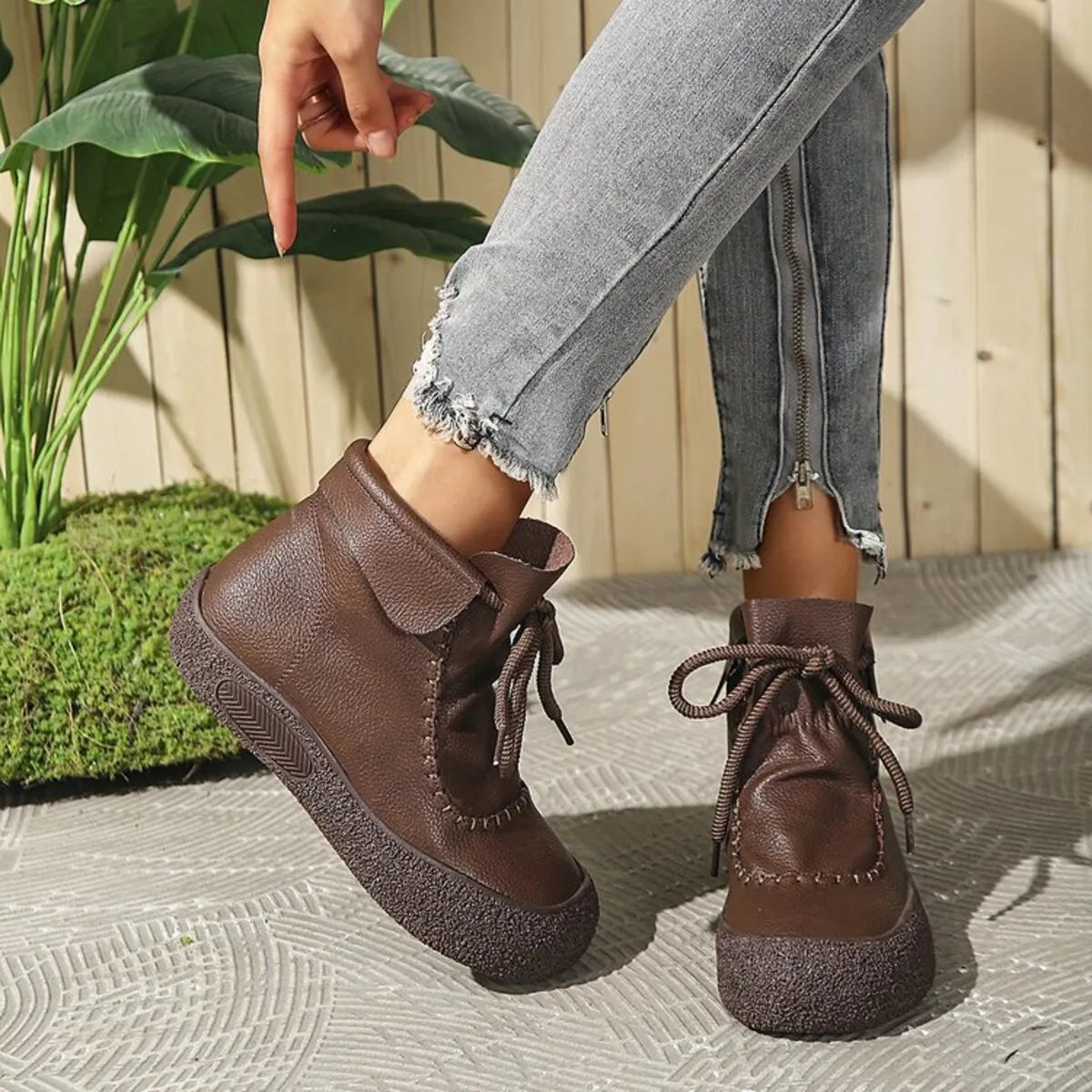 Lace-Up Platform Ankle Boots Brown