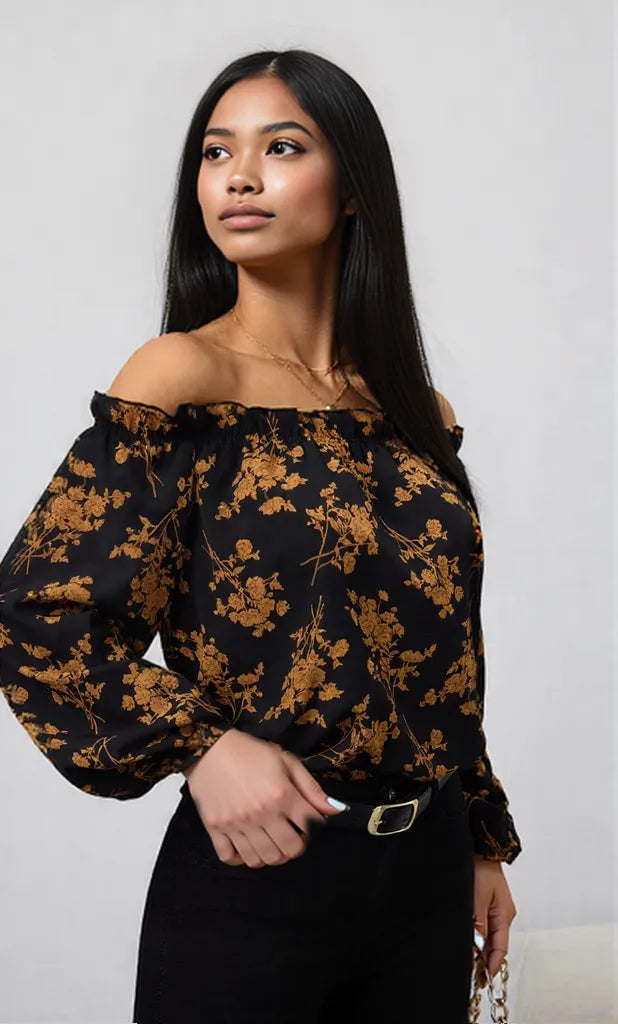 Printed Off-Shoulder Balloon Sleeve Blouse