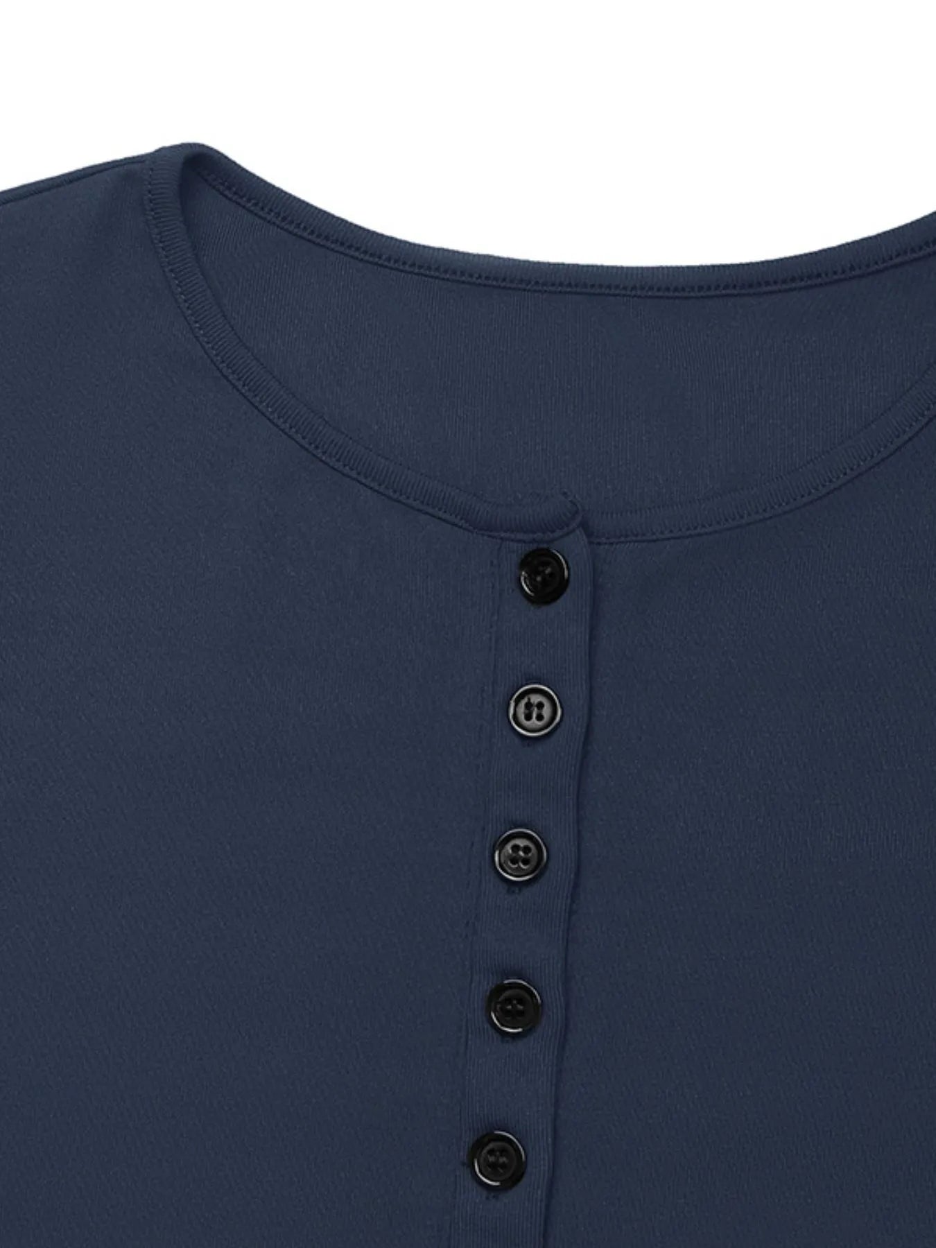 Long Sleeve Button Front Fitted T-Shirt Dark Blue