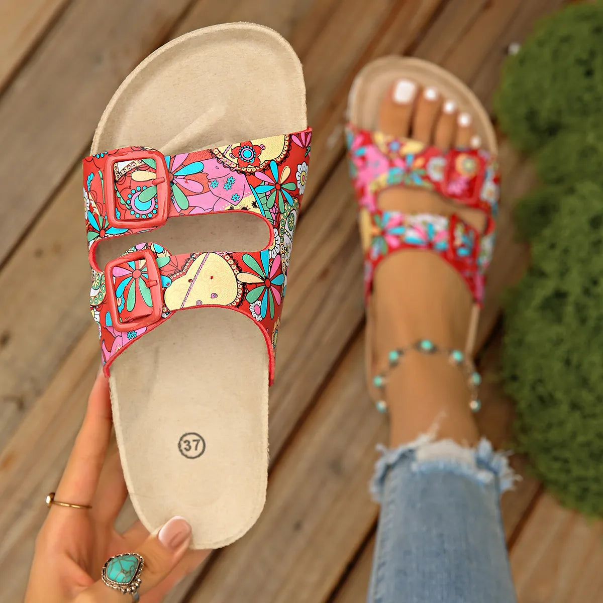 Printed Double Buckle Sandals Red