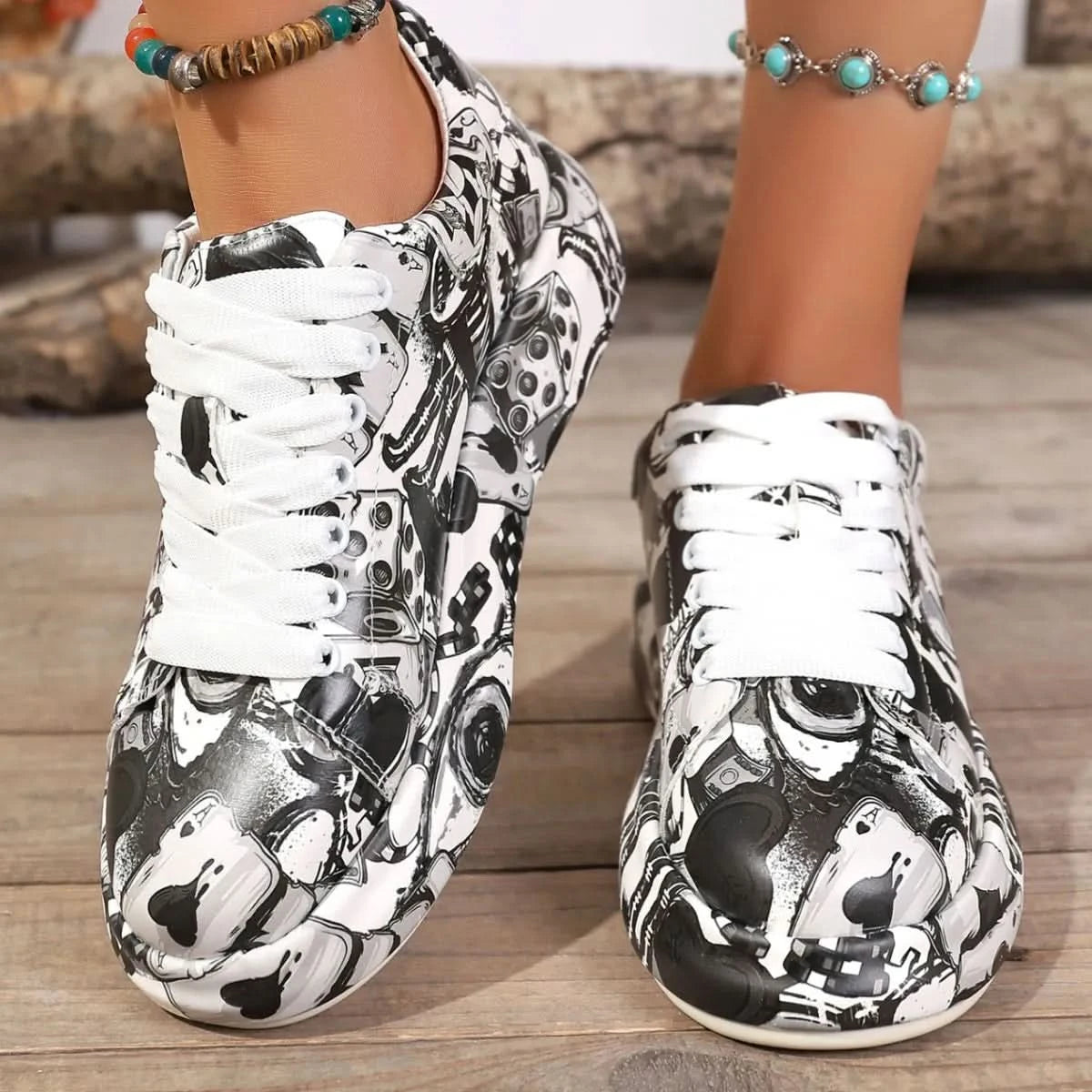 Abstract Print Lace Up Sneakers Black