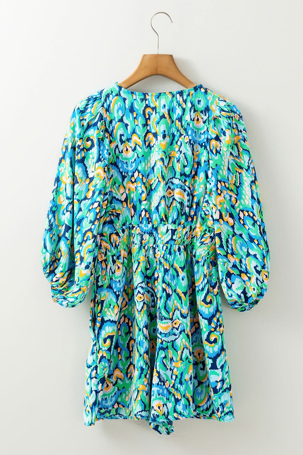 Pink Abstract Print Puff Sleeve V Neck High Waist Romper Green 100%Polyester