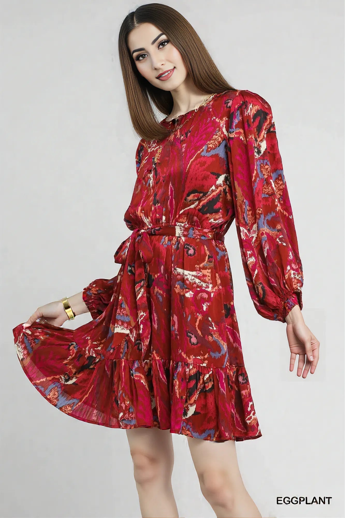 Umgee Ruffled Hem Printed Balloon Sleeve Dress EGGPLANT