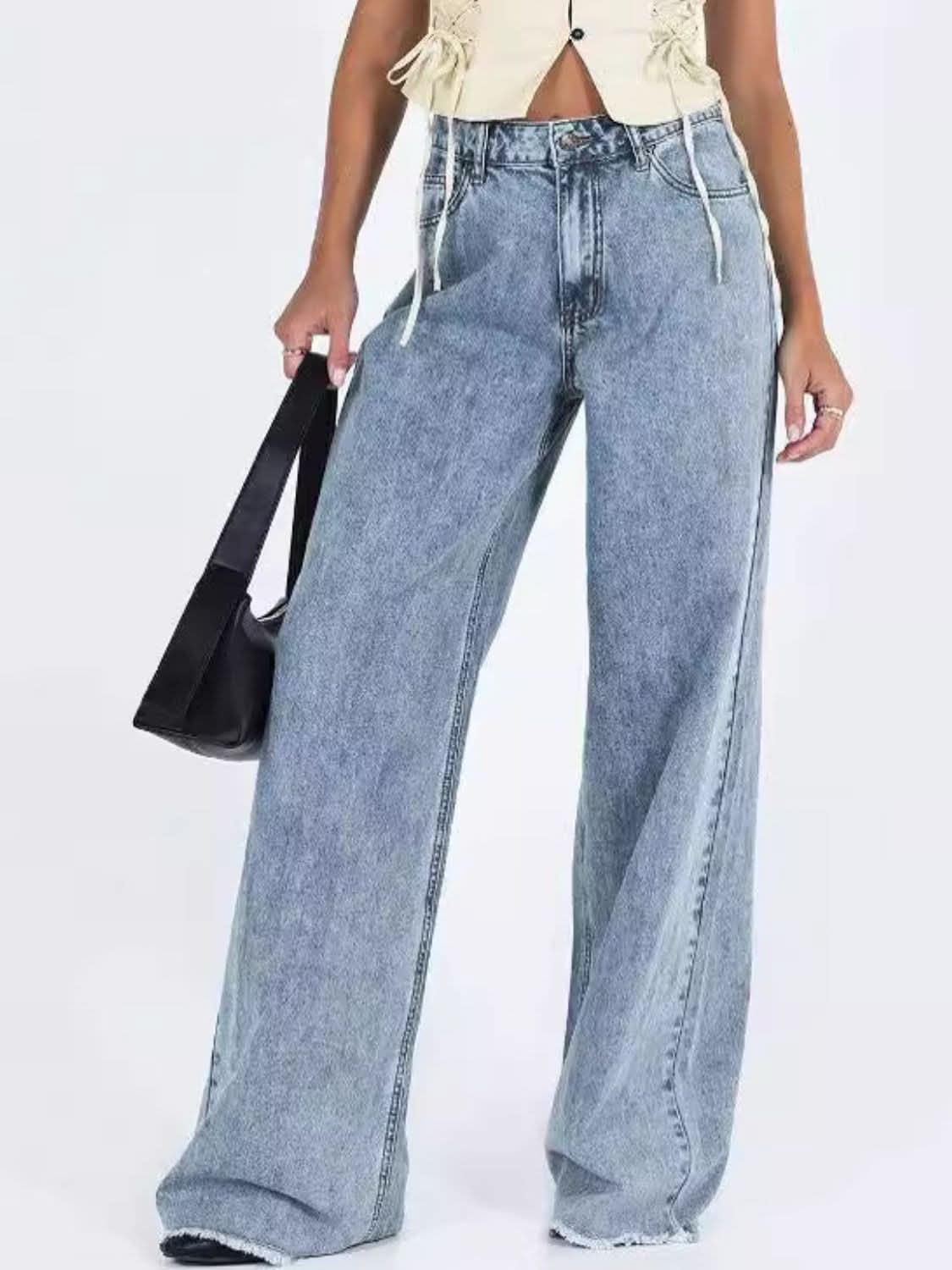 Wide Leg Drizzle Jeans with Pockets - High-Waisted Denim for Everyday Wear