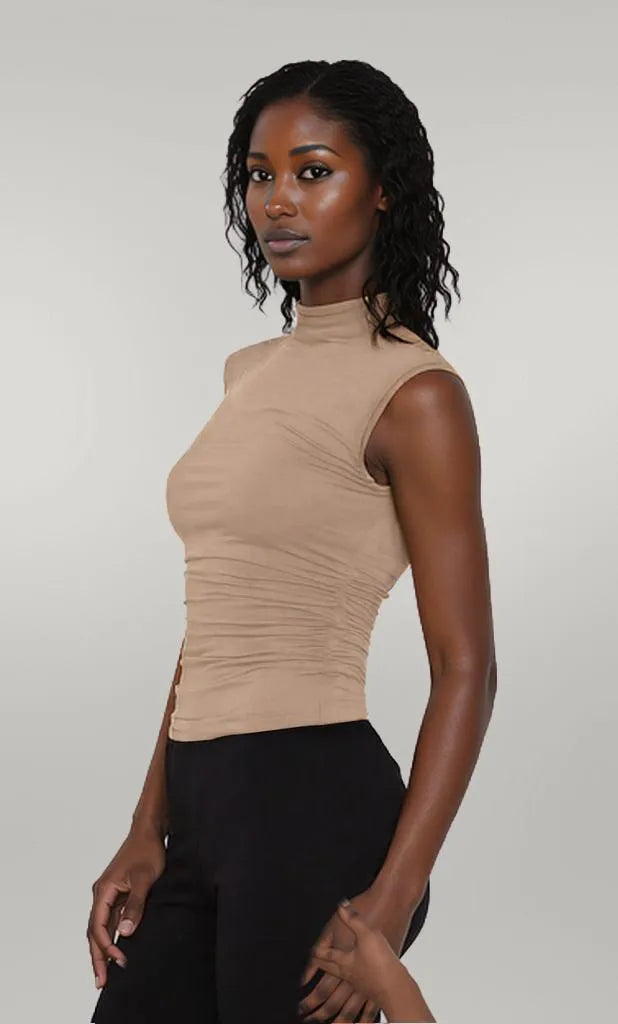 Lovelet Ruched Mock Neck Tank Khaki