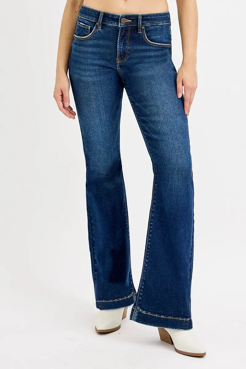 RISEN Full SIze Tummy Control Mid Rise Flare Jeans DARK