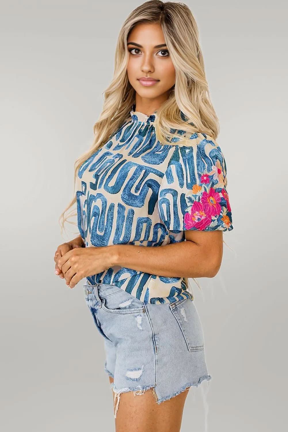 Beige Embroidered Puff Sleeve Frilled Neck Printed Top Beige 100%Polyester