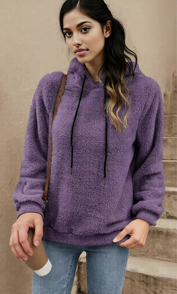 Drawstring Long Sleeve Fuzzy Hoodie