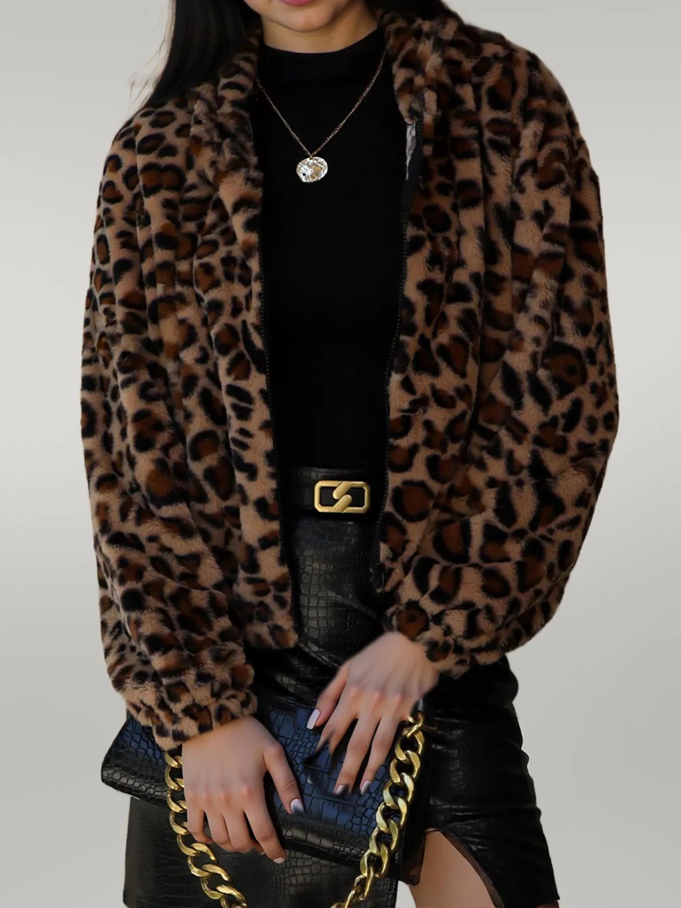 Leopard Zip Up Hooded Outerwear Leopard