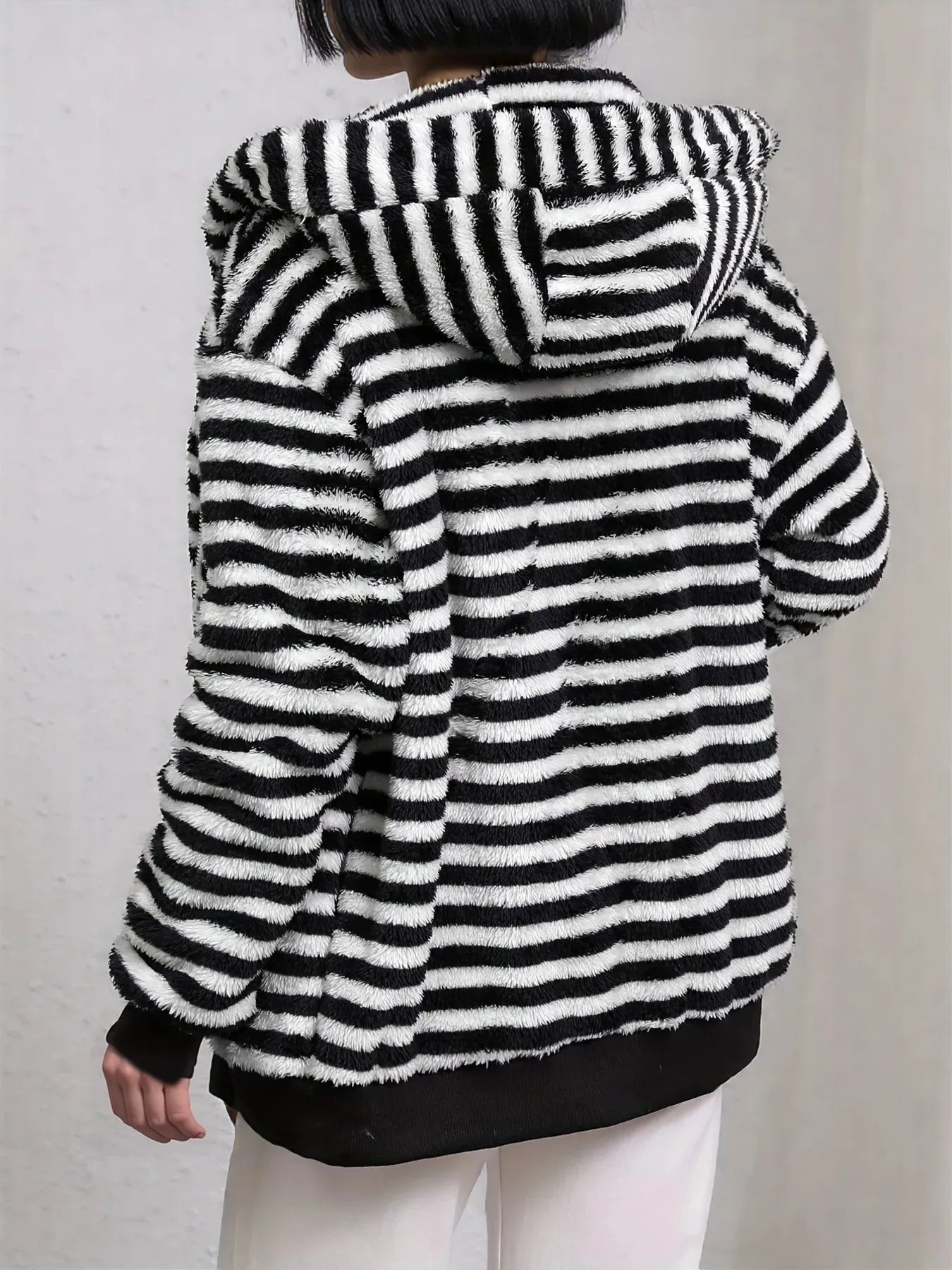 Striped Fuzzy Zip Up Hooded Outerwear